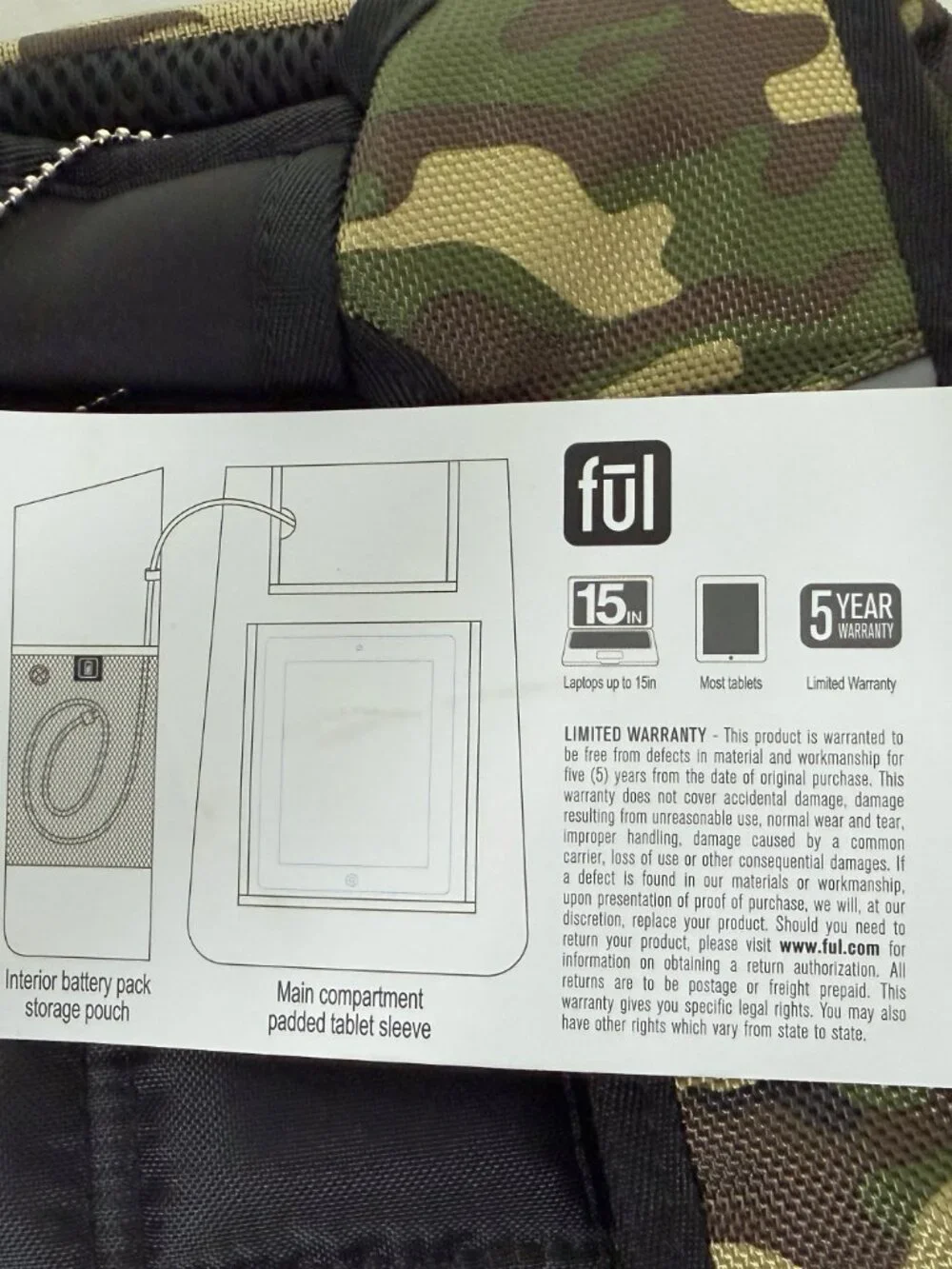 FŪL Refugee backpack woodland camouflage pattern 19.5 x 12.5 x 5.5  NWT